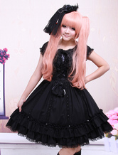 Black Short Sleeves Bow Applique Cotton Classic Lolita Dress