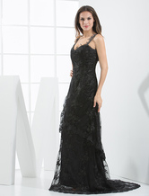 Black Wedding Dress Sweetheart Neck Straps Sleeveless Lace Satin Evening Dress With Train