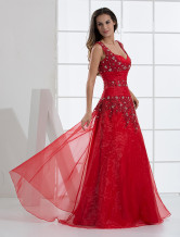 Red A-line V-Neck Applique Beading Satin Organza Prom Dress