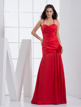 Mermaid Spaghetti Straps Floor-Length Red Taffeta Beading Pleated Bridesmaid Dress 