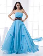 Empire Waist Strapless Floor-Length Blue Chiffon Prom Dress 