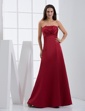 Elegant A-line Strapless Floor-Length Burgundy Satin Pleated Bridesmaid Dress 