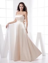 A-line Strapless Floor-Length Champagne Elastic Woven Satin Evening Dress 