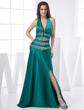 Dark Green Halter A-line Satin Prom Dress/Homecoming Maxi Dress