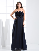 Dark Navy Strapless Beaded Floor Length Chiffon Maxi Evening Dress