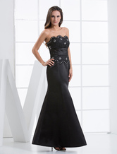 Sheath Strapless Floor-Length Black Satin Sash Applique Evening Dress 