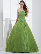 Green Ball Gown Strapless Beading Embroidery Satin Tulle Ball Gown Dress