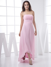 Empire Waist Strapless Asymmetrical Pink Satin Chiffon Prom Dress 