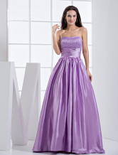 Purple Stretch Satin Strapless Beaded Floor Length Prom Dress