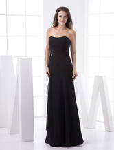 Slim Black Chiffon Strapless Floor Length Bridesmaid Dress