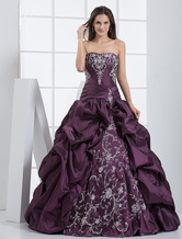 Splendid Grape Purple Taffeta Strapless Pleated Floor Length Prom Dress