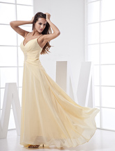 A-line V-Neck Ankle-Length Daffodil Chiffon Peplum Studded Prom Dress 