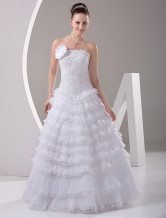 Romantic White Rococo Ball Gown Strapless Flower Wrinkled Net Wedding Dress