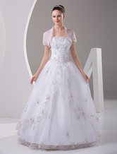 Vintage White Strapless Beading Embroidery Organza Satin Ball Gown Dress