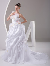 White Rococo Strapless Satin Flower Decoration Ball Gown Wedding Dress