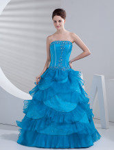 Blue Satin Organza Beautiful Women Prom Dress