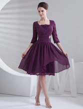 Grape Square Neck Half Sleeves Knee Length Chiffon Prom Dresses