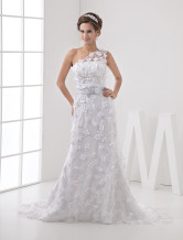 Charming White One-shouldered A-line Lace Sweep Wedding Dress