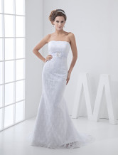 Slim White Scalloped Strapless Lace Sweep Bridal Beach Wedding Dresses