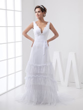 White Chiffon Lace V-Neck Wedding Dress