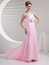 Mermaid Strapless Floor-Length Pink Satin Chiffon Evening Dress 