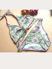 Sexy Halter Printed Two-Piece Spandex Polyester Womens Bikini Swimsuit