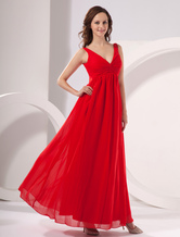 A-line V-Neck Floor-Length Red Chiffon Twisted Evening Dress 