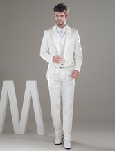 Attractive White Lapel Double Breasted Button Worsted Groom Wedding Tuxedo