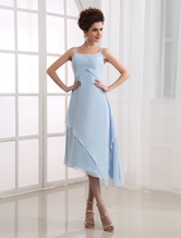 A-line Spaghetti Straps Tea-Length Chiffon Elastic Woven Satin Bridesmaid Dress 