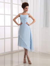 Blue Spaghetti Chiffon Bridesmaid Summer Dress