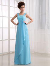 A-line Square Neck Floor-Length Blue Chiffon Elastic Woven Satin Dress For Bridesmaid 