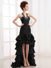 Slim Black Halter Splitting Handmade Flower Taffeta Evening Dress