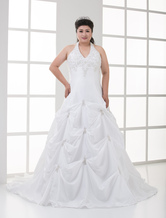 A-line White Halter Embroidery Taffeta Plus Size Wedding Dress