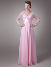 Charming Pink Chiffon V-Neck Long Sleeves Floor Length Mother of The Bride Dress