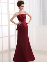 A-line Strapless Floor-Length Satin Beading Pleated Bridesmaid Dress 