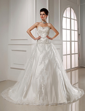 Attractive A-line Sweetheart Court Train White Satin Applique Bridal Dress 