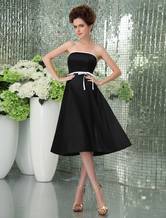 A-line Strapless Tea-Length Black Satin Sash Bridesmaid Dress 