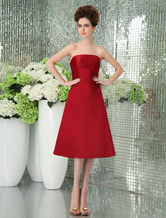 A-line Strapless Tea-Length Burgundy Satin Pleated Bridesmaid Dress 