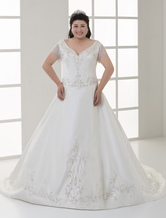 Ivory Plus Size A-line Short Sleeves Embroidery Beading Satin Wedding Dress