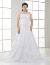 Lace Elegant White A-line Embroidery Satin Organza Plus Size Wedding Dress