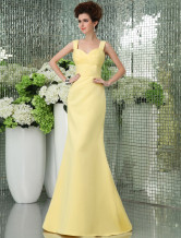 A-line V-Neck Floor-Length Daffodil Satin Pleated Bridesmaid Dress 