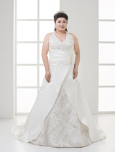 Plus Size Ivory Halter V-Neck Beaded Satin Lace Wedding Dress