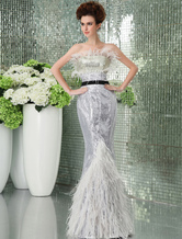 Mermaid Strapless Floor-Length Silver Lace Sequin Evening Dress 