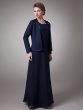 A-line Floor-Length Dark Navy Chiffon Dress For Mother of the Bride 