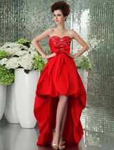 Unique Red Strapless Sweetheart Quadrate Rhinestone Hand-made flower Beaded Super-soft Taffeta Evening Dress