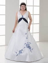 White Sleeveless V Neck Embroidery Plus Size Sash Wedding Dress