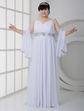 White Spaghetti Deep V-neck Floor Length Satin Plus Size Wedding Gown