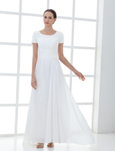 Beautiful White Short Sleeves Pleated Chiffon Mother Of Groom And Bride Dress