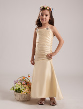 Luxurious Champagne Taffeta Thin Shoulder Straps Floor Length Junior Bridesmaid Dress