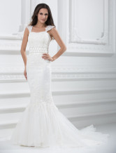 Attractive Sweep Cap Sleeves Mermaid Trumpet Satin Organza Wedding Gown